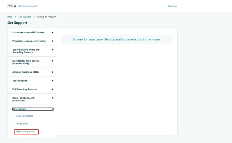 Visual example for 1. Click Get Support under Help, enter to Report listing abuse, and submit a case to report a.