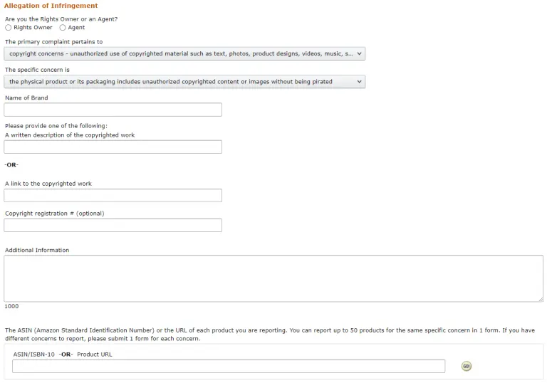 Visual example for Web address to file complaint: https://www.amazon.com/report/infringement
