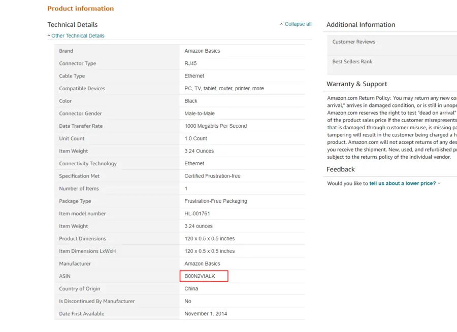 Visual example for How can I find a product's ASIN.