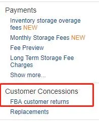 Visual example for 2. Click on 【FBA customer returns】in the bottom of the next web page.