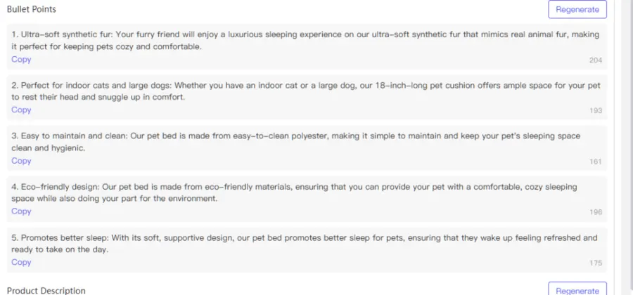 This screenshot showcases an AI-powered tool that generates compelling bullet points for an e-commerce product listing. In this example, the AI has created five distinct selling points for a pet bed, highlighting features such as its ultra-soft synthetic fur, suitability for different pet sizes, ease of maintenance, eco-friendly design, and sleep-promoting qualities. The interface includes options to "Copy" the generated text or "Regenerate" new versions, demonstrating the tool's utility in creating optimized and persuasive content for online sellers.