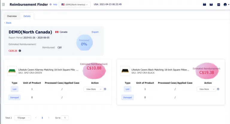 Visual example for Tool4seller automatically aggregates the uncompensated amount and also provides details on SKU.