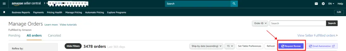 Tool4seller screenshot for 3. In "Manage Orders" page, click Request Review button.