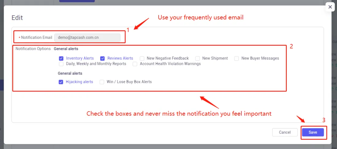 Tool4seller screenshot for 1. How to set up the alerts and change the email for notification.