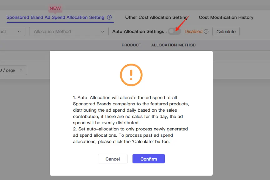 Tool4seller screenshot for Click to launch the 'Auto Allocation Settings' switch to activate the split of Sponsored Brands.