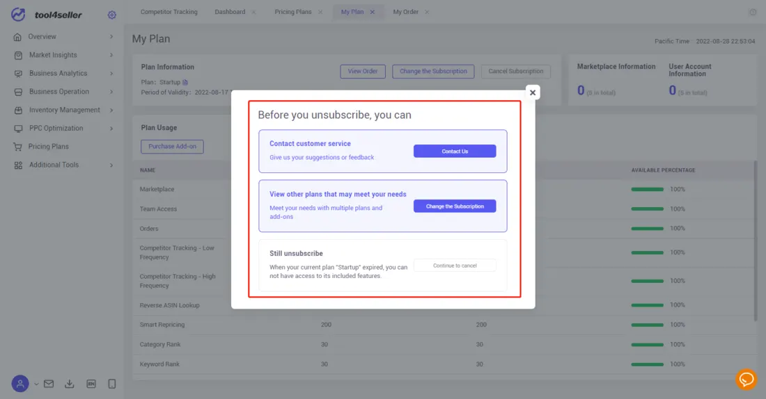 Tool4seller screenshot for Follow the instructions and make sure you want to cancel the subscription.