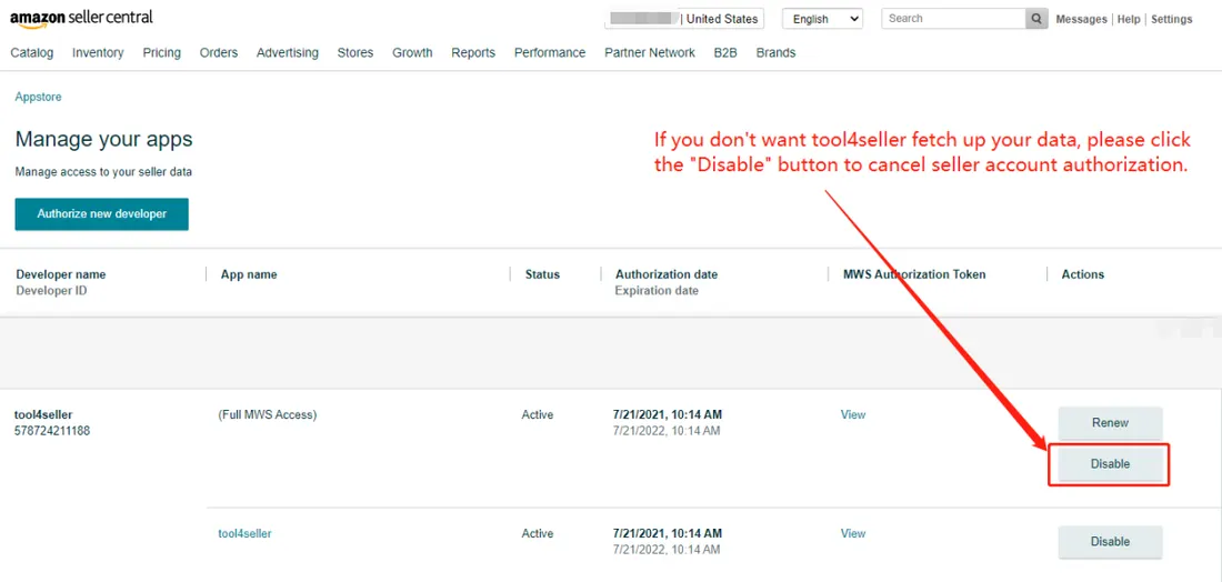 How to cancel MWS authorization after connecting to my Amazon seller account