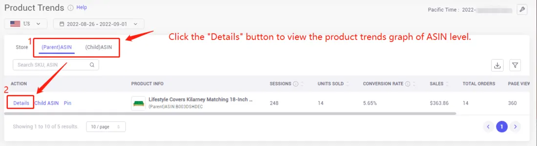 Tool4seller screenshot for Switch to the "Parent ASIN" tab to view the detailed trends of products.