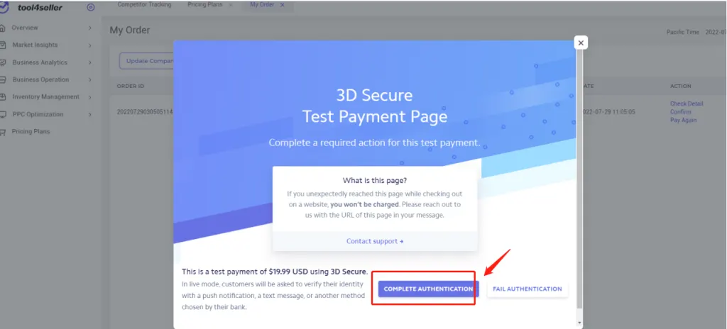 Tool4seller screenshot for Find the failed order and you will click the "Confirm" button to complete the credit card.