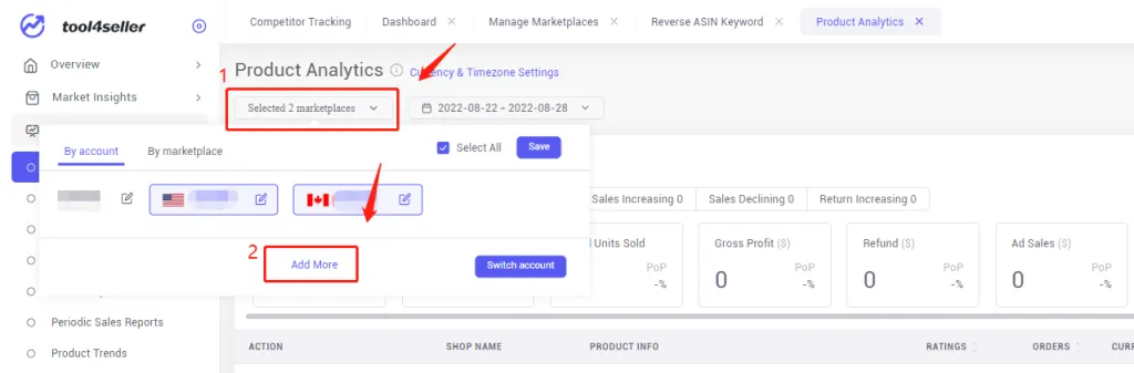 Tool4seller screenshot for There are 3 places to access the advertising connection to your Amazon accounts page.