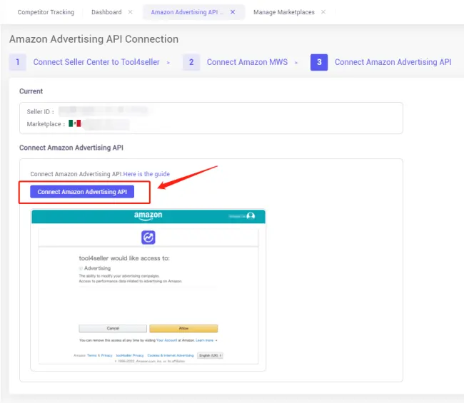 Tool4seller screenshot for Steps of connecting Amazon seller accounts.