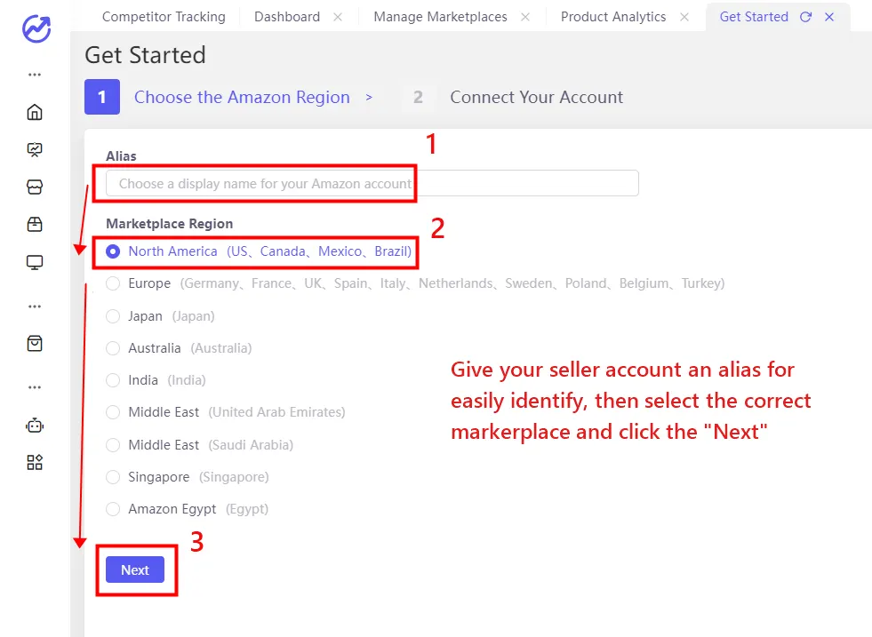 Tool4seller screenshot for Steps of connecting Amazon seller accounts.