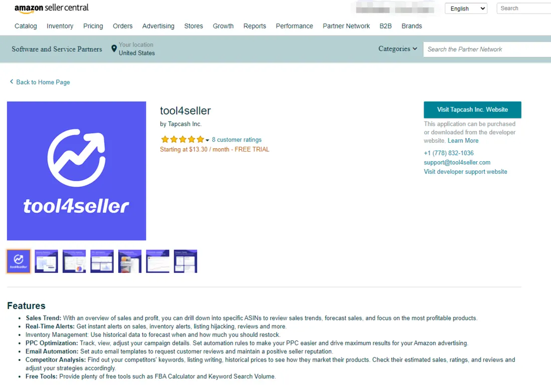 Tool4seller screenshot for Check Tool4seller on Amazon Third-party apps Page