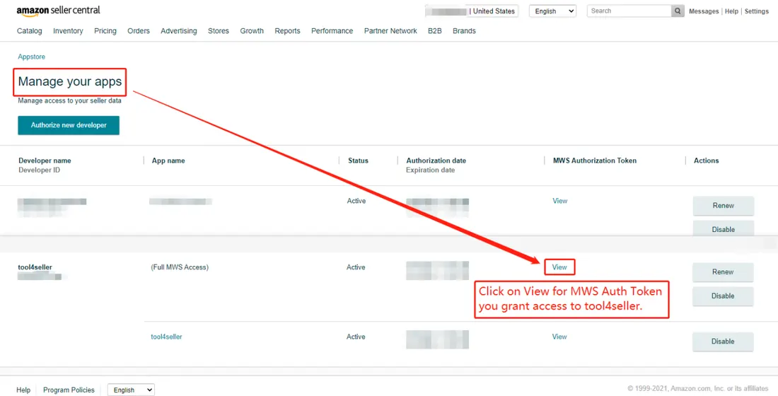 Tool4seller screenshot for 2. Click on the View button on Manage your apps page just like the picture below.