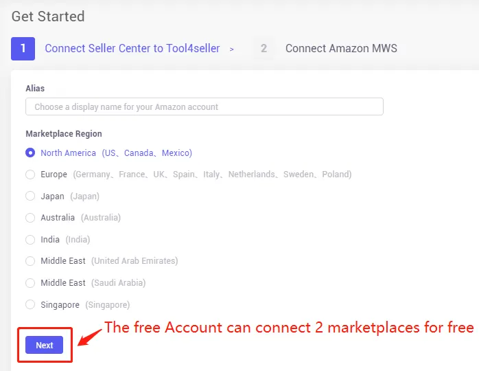 Tool4seller screenshot for 1. If you're new to tool4seller and haven't bound any Amazon seller accounts.