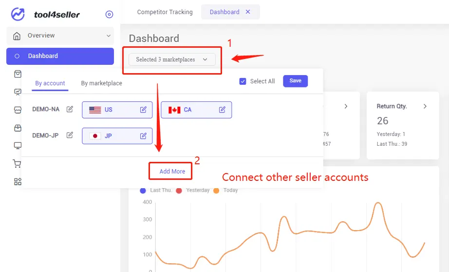 Tool4seller screenshot for 2. After you have combined one seller account, you can click the "Selected marketplaces" to.