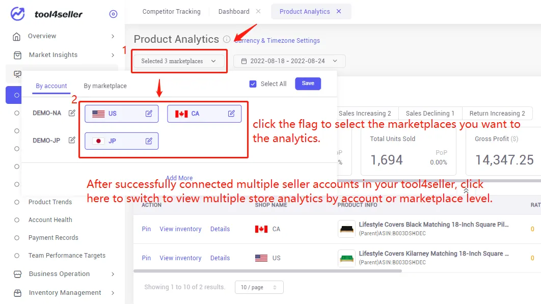 Tool4seller screenshot for 2. After you have combined one seller account, you can click the "Selected marketplaces" to.
