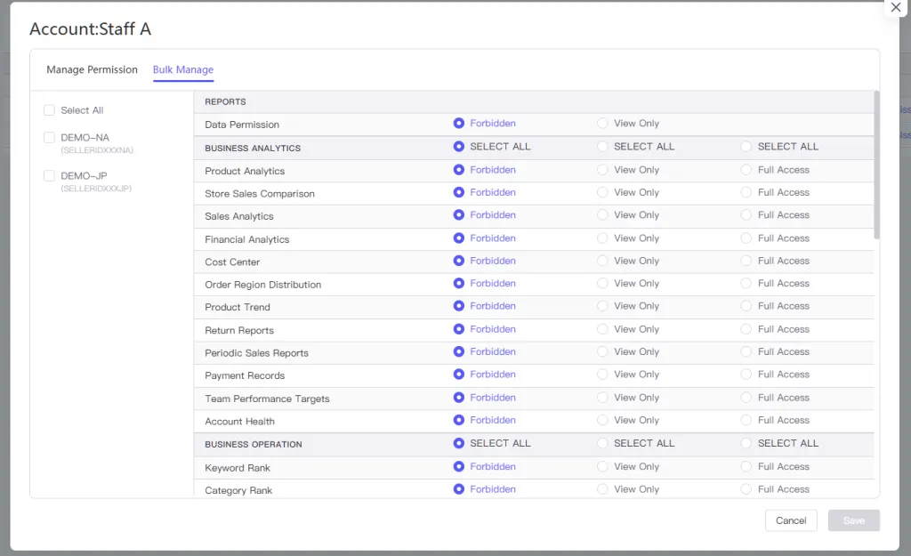 Tool4seller screenshot for 5. You can also use the "Bulk Manage" tab to batch-manage permissions for multiple stores at.