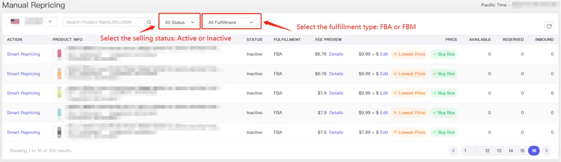 Tool4seller screenshot for Click the tab to filter the product that sells at FBM or FBA.