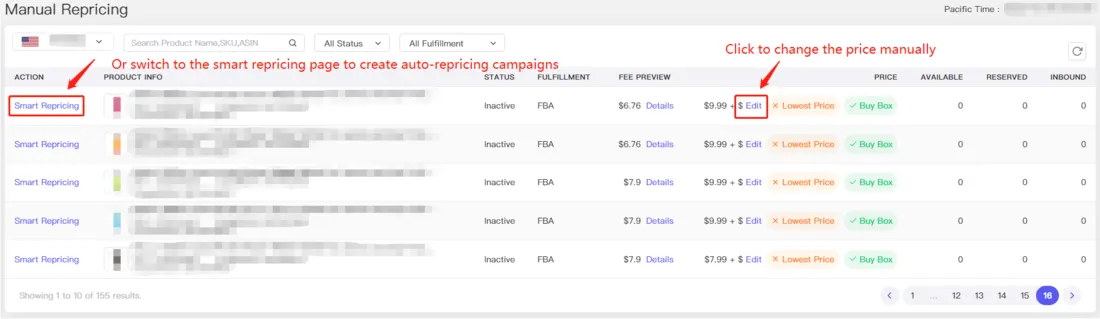 Tool4seller screenshot for Click the "Edit" button to reprice your product. And you can create an auto-repricing campaign.