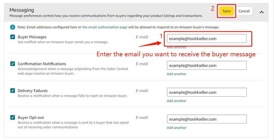 Tool4seller screenshot for 5. Locate the " Messaging" section on the third row from the bottom of the notification.