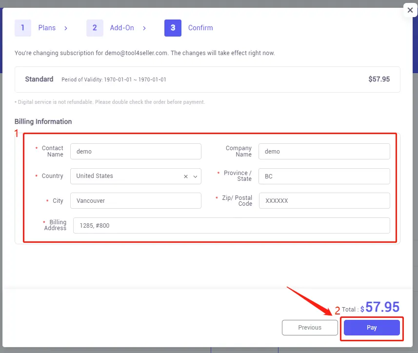 Tool4seller screenshot for Last, fill in the billing information and credit card number to upgrade your plan and get more.