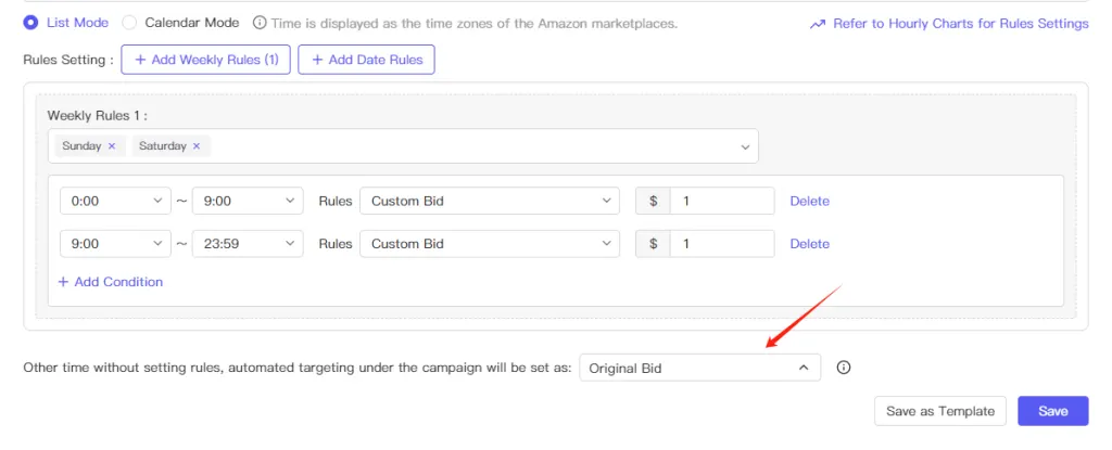 Tool4seller screenshot for 4.You can set a uniform bidding method for other time periods.