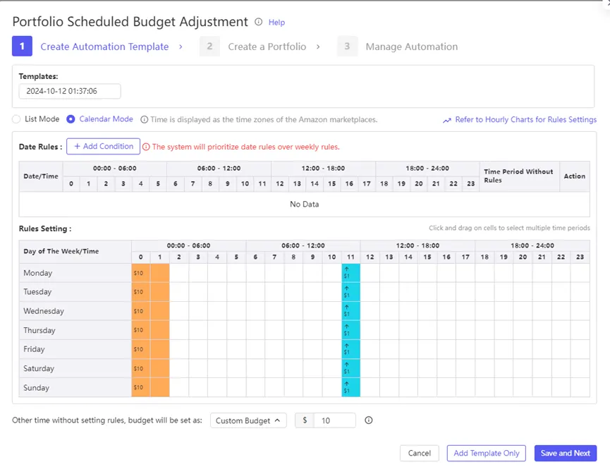 Tool4seller screenshot for Under the " Portfolio Scheduled Budget Adjustment " tab, you can set up portfolio scheduled.