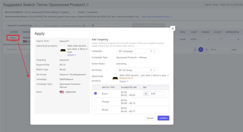 Tool4seller screenshot for 1.2.1 Suggested Search Terms (Sponsored Product)