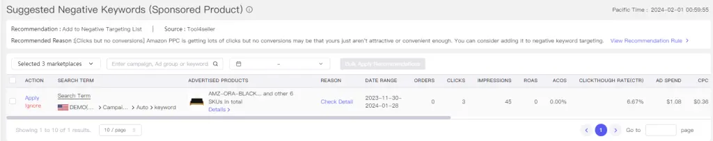 Tool4seller screenshot for 1.2.3 Suggested Negative Keywords (Sponsored Products)