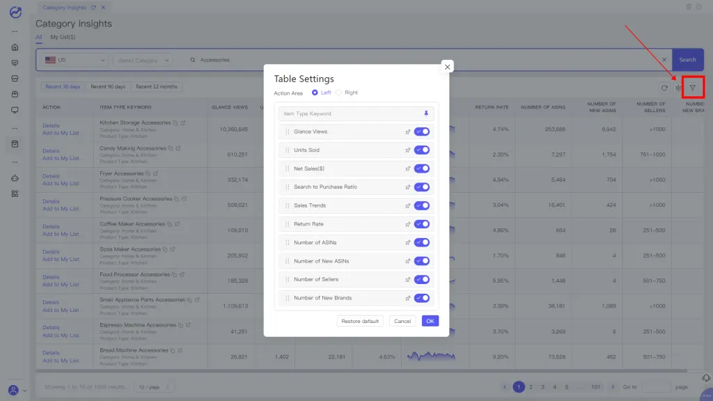 Tool4seller screenshot for 3. Click Table Setting if you would like to add or remove any columns from the data.