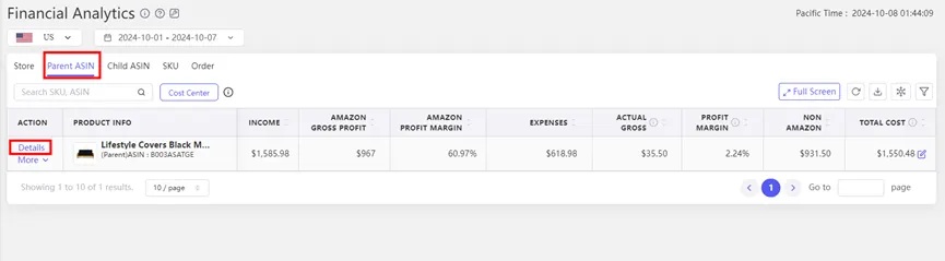 Tool4seller screenshot for 3.In the Parent ASIN, Child ASIN, and SKU sales analysis sections, select a product and click.