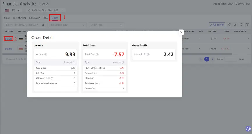 Tool4seller screenshot for 4.In the "Order" section, view detailed fee information for each order.