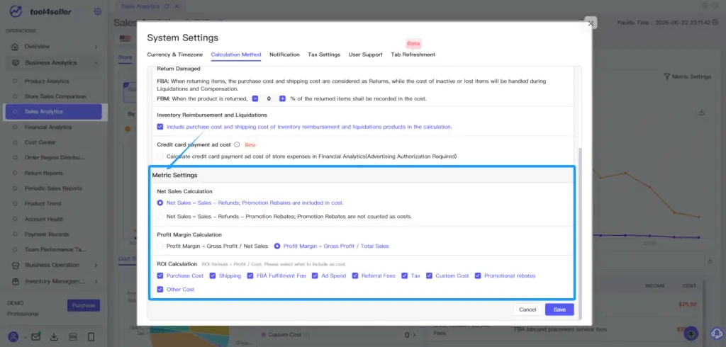 Tool4seller screenshot for ③ROI Cost Components (select which costs to include)