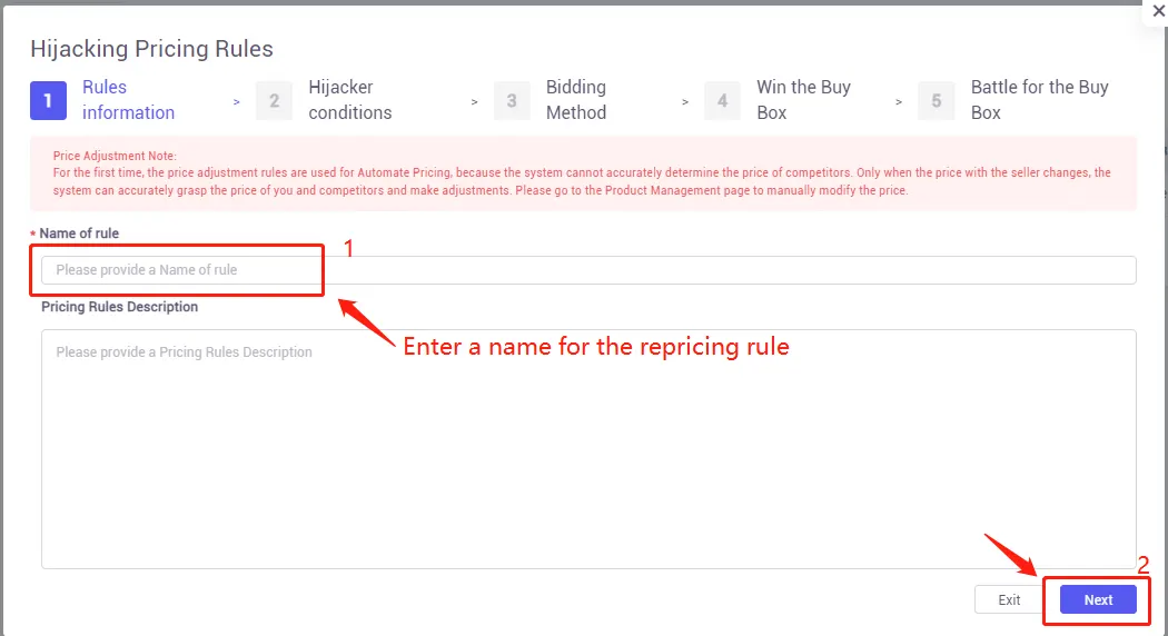 Tool4seller screenshot for 1. How to add the repricing rules for hijacking other listings or protecting your own.