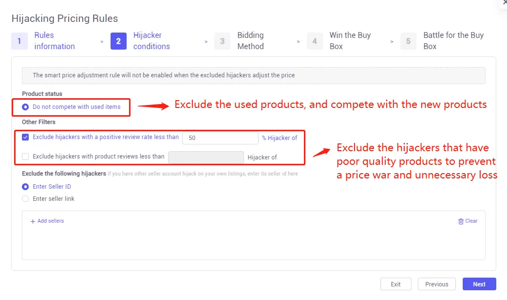 Tool4seller screenshot for 1. How to add the repricing rules for hijacking other listings or protecting your own.
