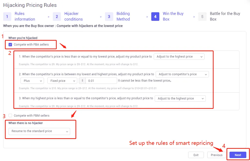 Tool4seller screenshot for 1. How to add the repricing rules for hijacking other listings or protecting your own.