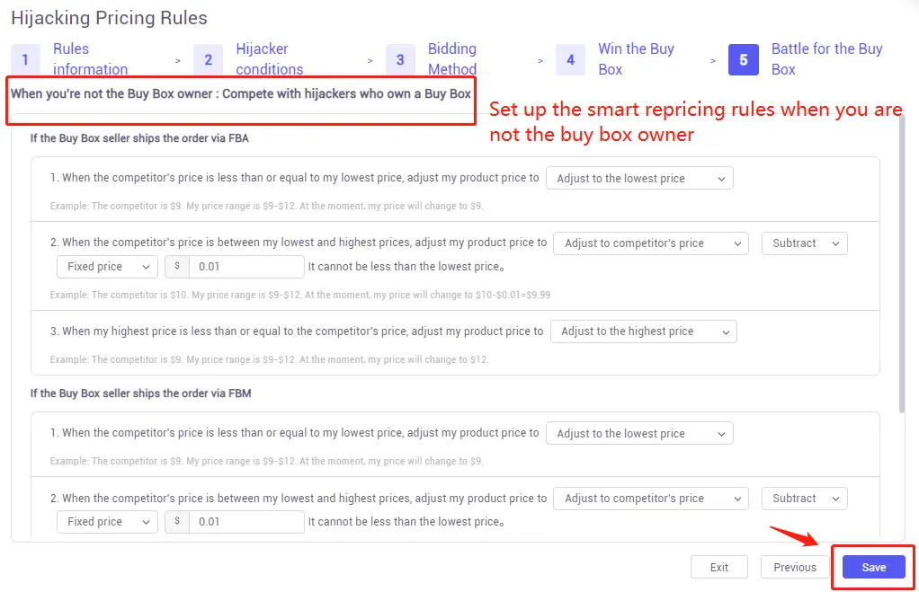 Tool4seller screenshot for 1. How to add the repricing rules for hijacking other listings or protecting your own.