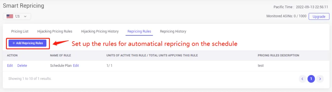 Tool4seller screenshot for 2. How to add the repricing rules for dynamic repricing on the time schedule.