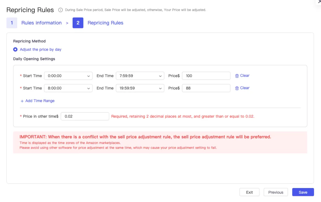 Tool4seller screenshot for 2. How to add the repricing rules for dynamic repricing on the time schedule.