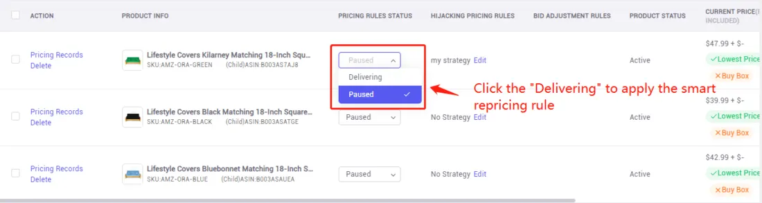 Tool4seller screenshot for 3. How to add the products to the smart repricing list and activate the repricing rules.