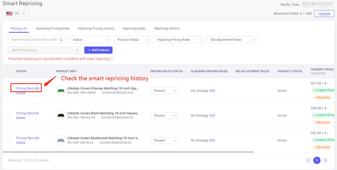 Tool4seller screenshot for 3. How to add the products to the smart repricing list and activate the repricing rules.