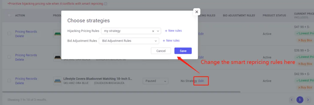Tool4seller screenshot for 3. How to add the products to the smart repricing list and activate the repricing rules.