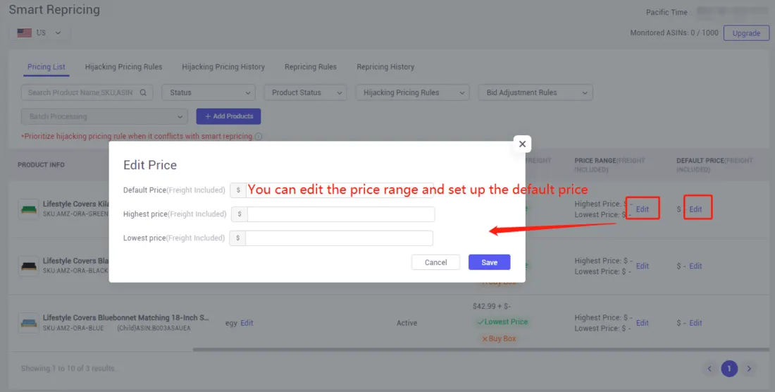 Tool4seller screenshot for 3. How to add the products to the smart repricing list and activate the repricing rules.