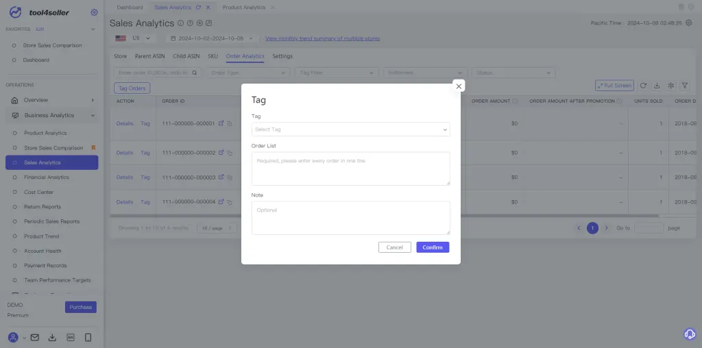 Tool4seller screenshot for 2.Click the "Tag Orders" button, then select a tag. After entering the Order List and Note.
