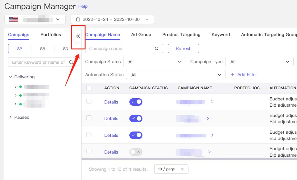 Tool4seller screenshot for On the left sidebar, you can quickly access the delivering or paused Campaign, Portfolios.