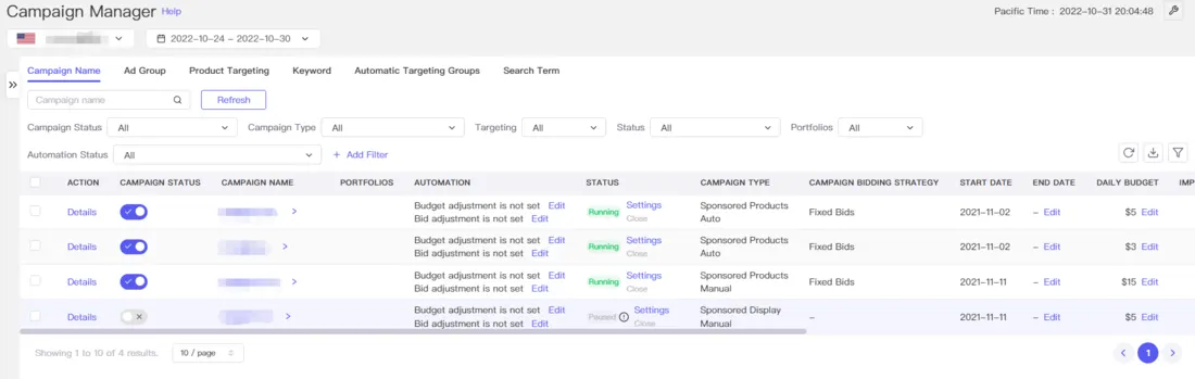 Tool4seller screenshot for On the left sidebar, you can quickly access the delivering or paused Campaign, Portfolios.