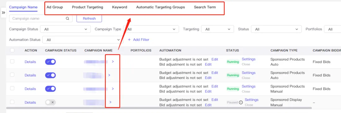 Tool4seller screenshot for Click the "Campaign Name" will take you to the next level which is the exact same structure as.