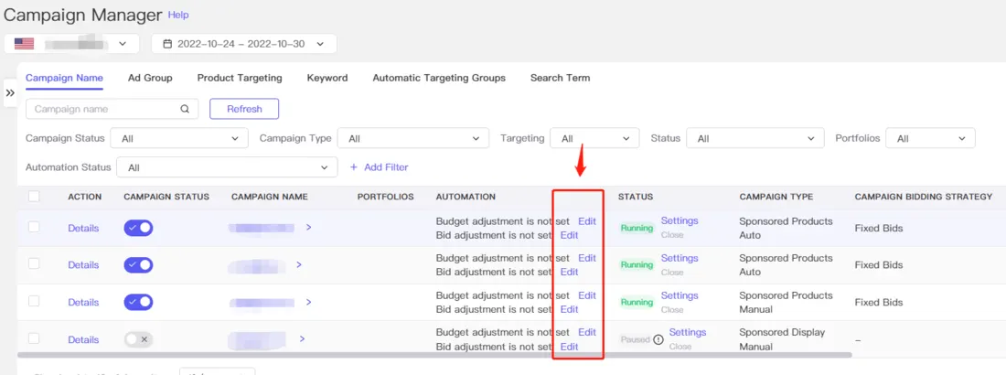 Tool4seller screenshot for Click the "Campaign Name" will take you to the next level which is the exact same structure as.