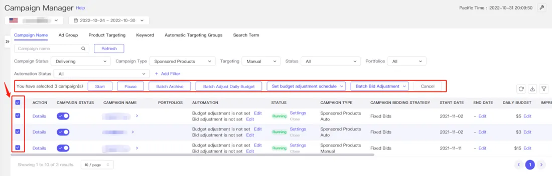 Tool4seller screenshot for Check one box to edit one campaign.